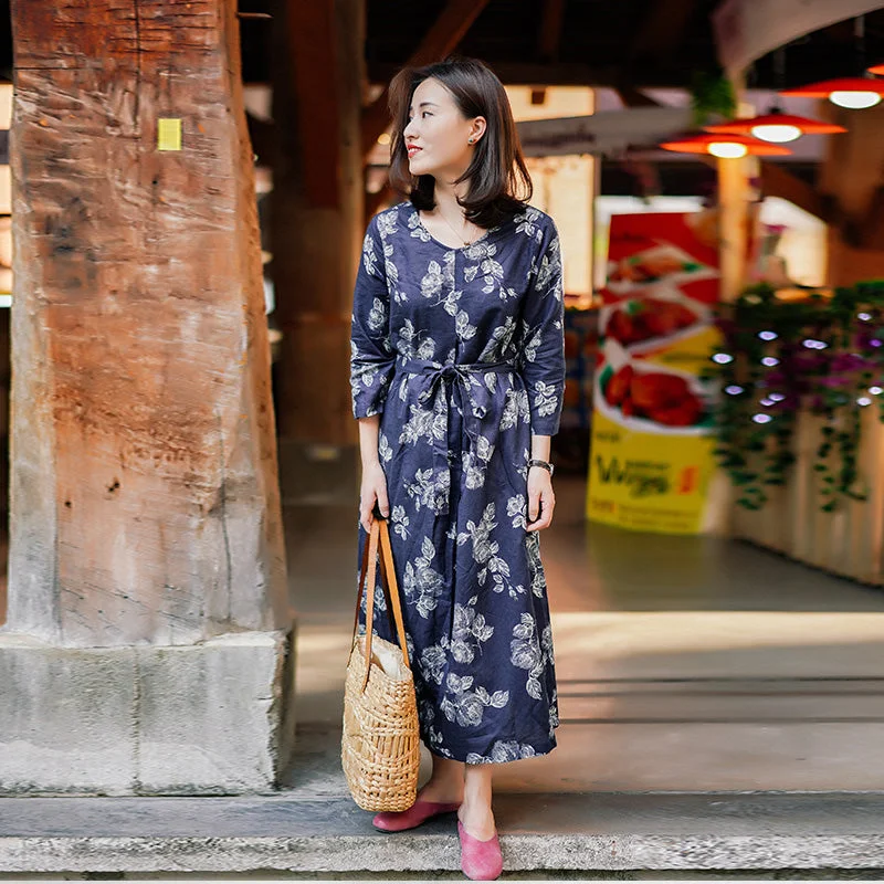 Floral 100% Linen Women Dresses 3/4 Sleeves O Neck Spring Summer Women Dresses XH9673