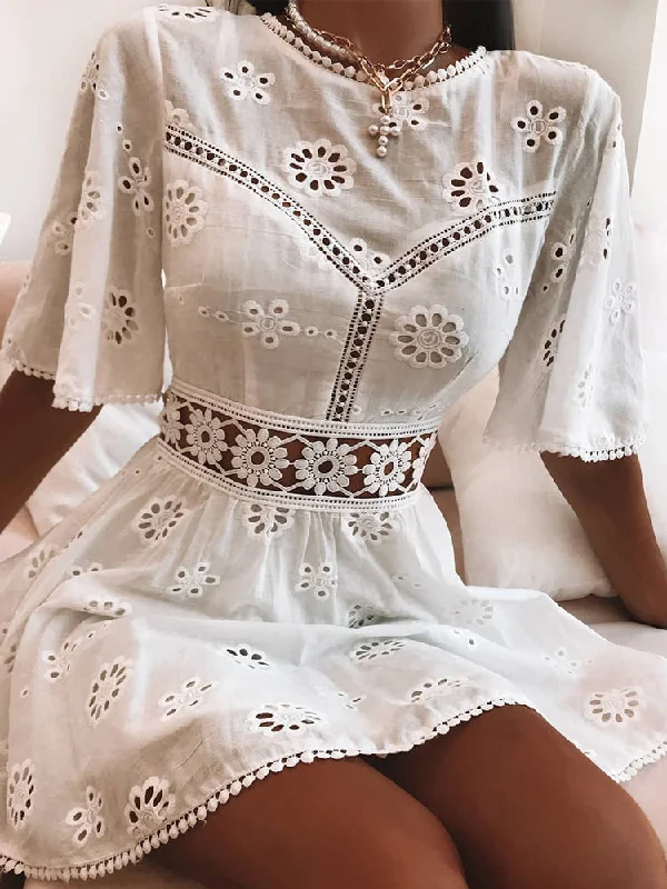 Aproms Elegant White Floral Embroidery Cotton Dress Women Casual High Backless Short Mni Dresses High Waist Dress