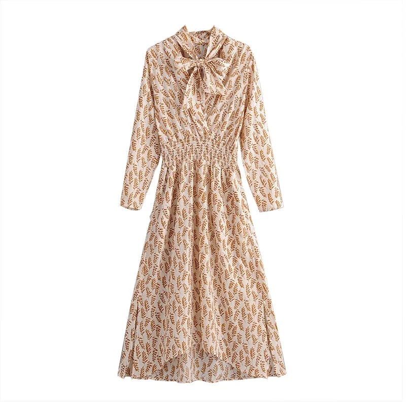 Elegant Wheat Spike Printed Dress For Women Bow