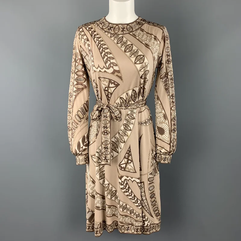 EMILIO PUCCI Vintage Size 8 Taupe Print Silk Long Sleeve Shift Dress