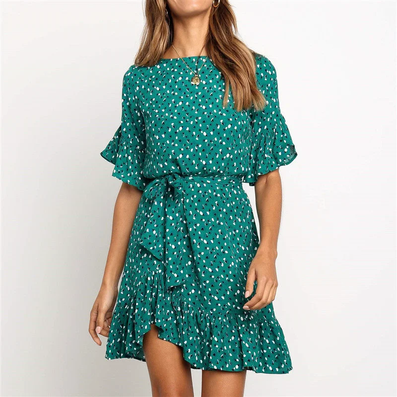 Floral Print Dress Women Boho Ruffles Beach