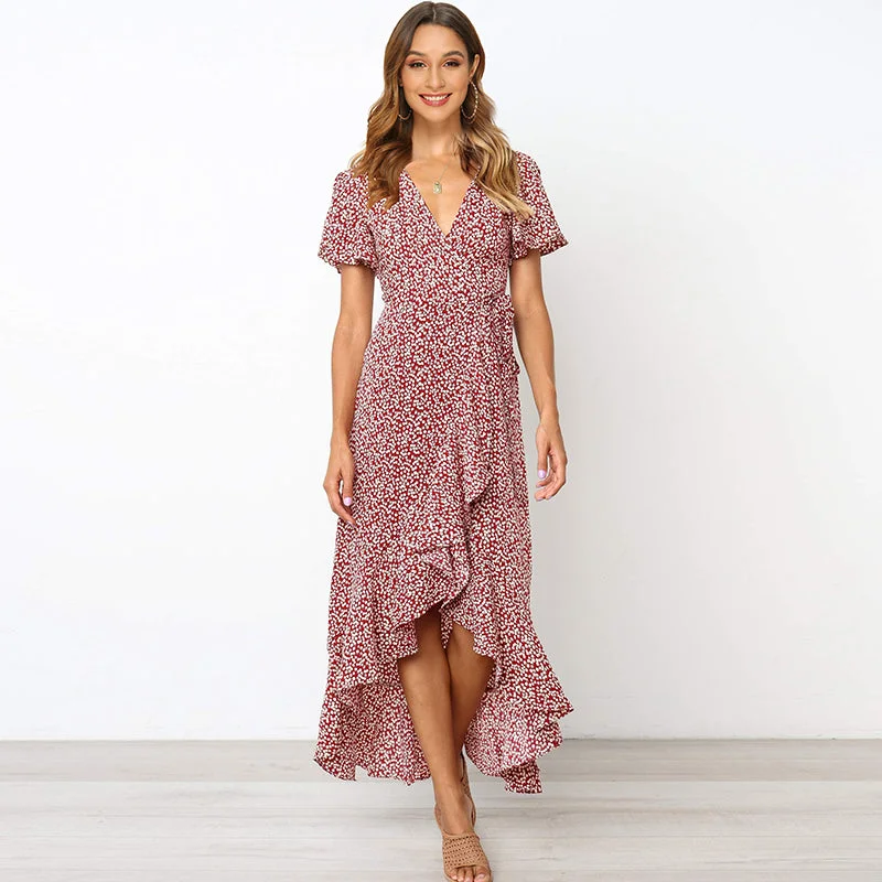 Floral Print Long Dress Women Casual V Neck