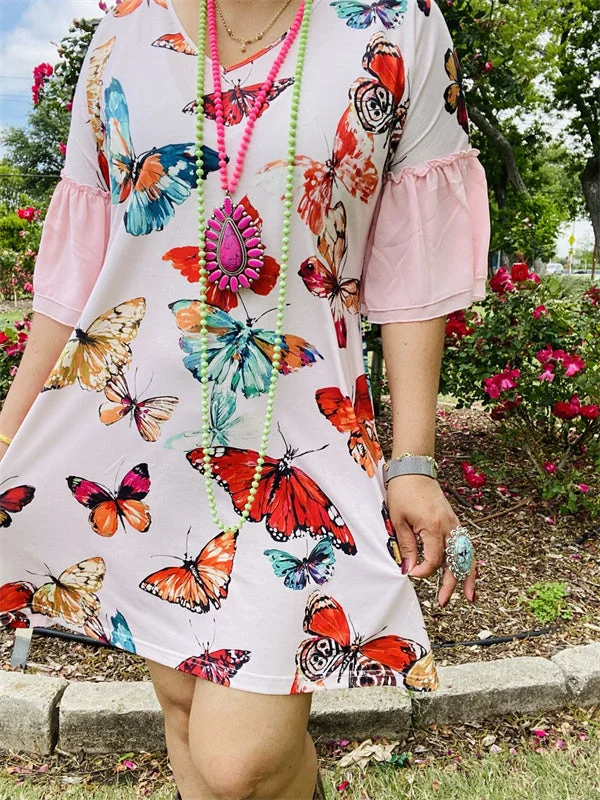 GJQ14885 Multi color butterfly prints women dress with pink ruffle short sleeves