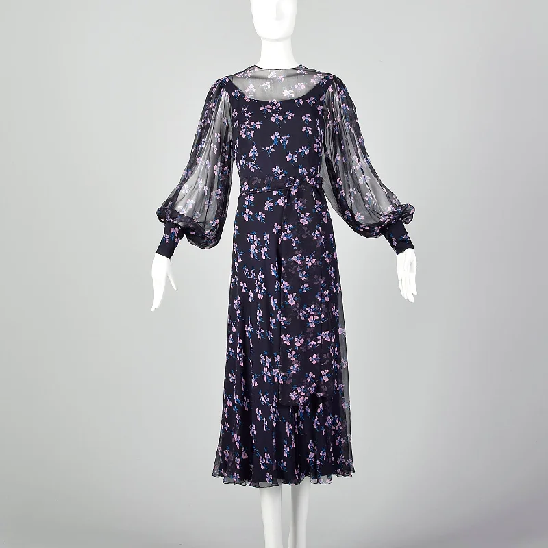 Large-XL Navy Silk Floral Dress