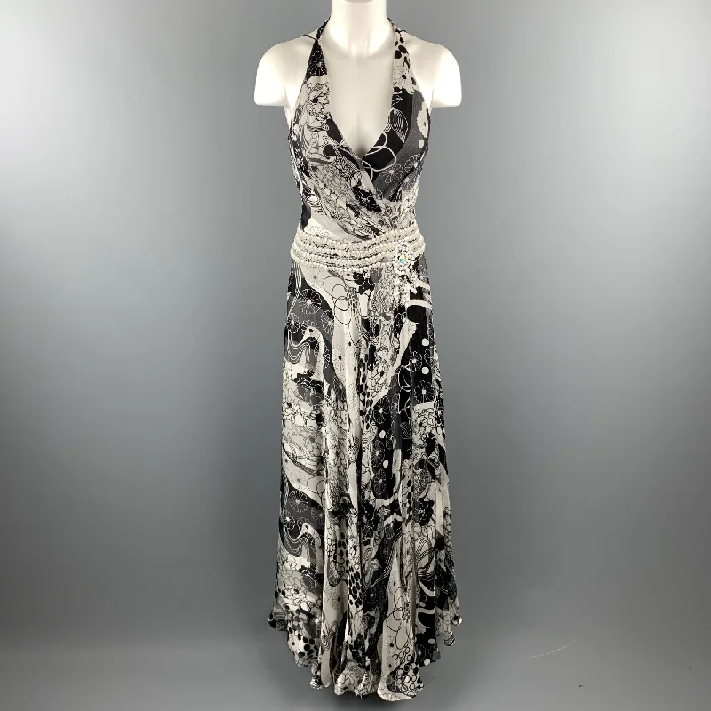 NAEEM KHAN Size 6 Black & White Floral Silk Beaded Halter Gown