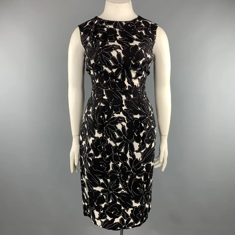 OSCAR DE LA RENTA 14 Black & White Floral Stretch Silk Sleeveless Shift Dress