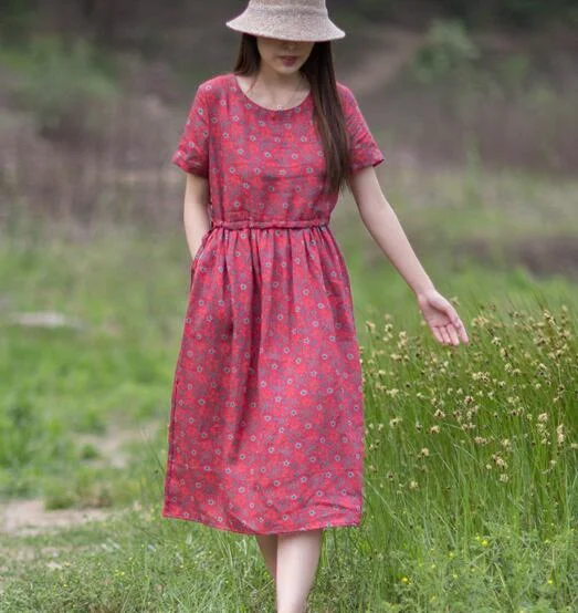 Print Floral 100% Linen Women Dresses Half Sleeves Summer Women Dresses XH9527