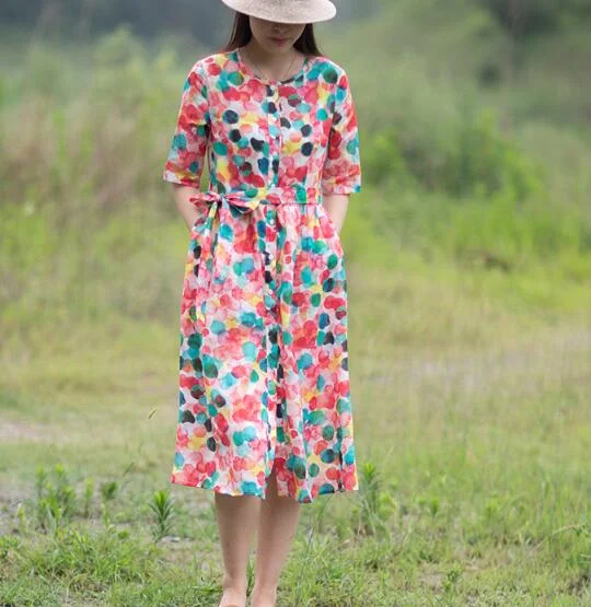 Print Floral 100% Linen Women Dresses Half Sleeves Summer Women Dresses XH9527