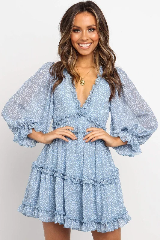 Sky Blue Ruffle Detailing V-neck Open Back Floral Dress