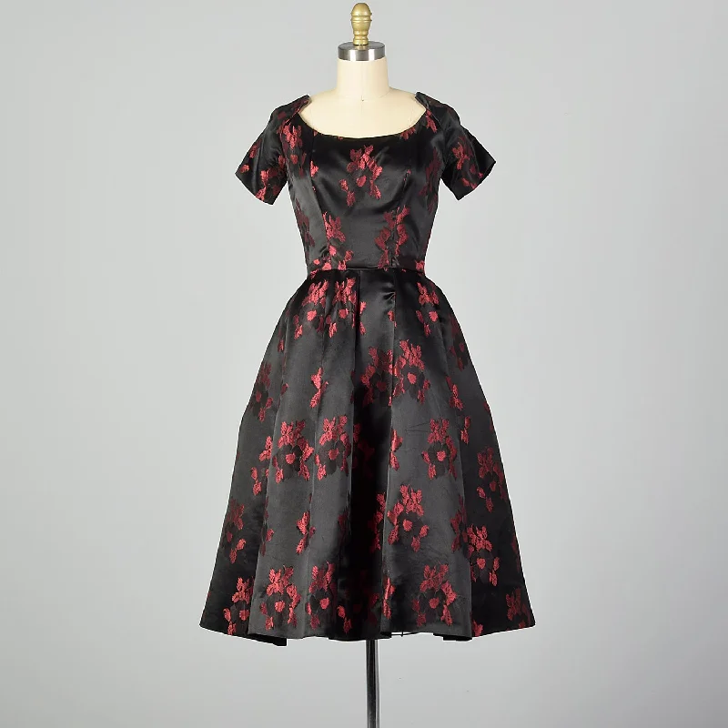 Small Suzy Perette 1950s Dress Black and Red Floral Silk Brocade with Built in Crinoline