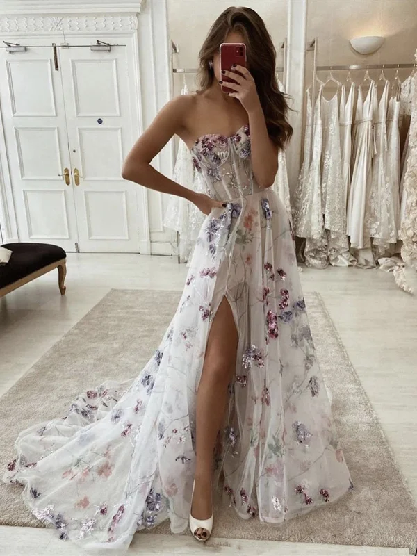 Strapless Purple Floral Long Prom Dresses with Slit, Purple Floral Formal Evening Dresses