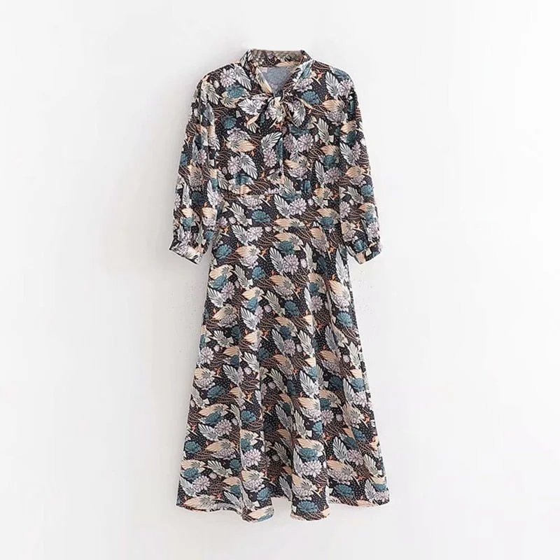 Vintage Print A line Women Long Silk Dress