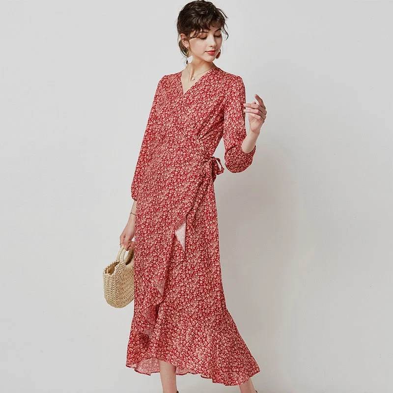 Women Boho Floral Print Casual Long Wrap Dress