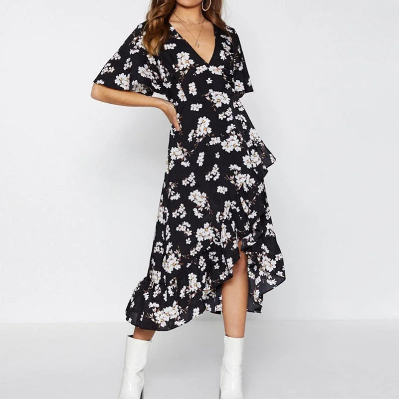 Women Boho Floral Print Chiffon Dress Sexy Summer