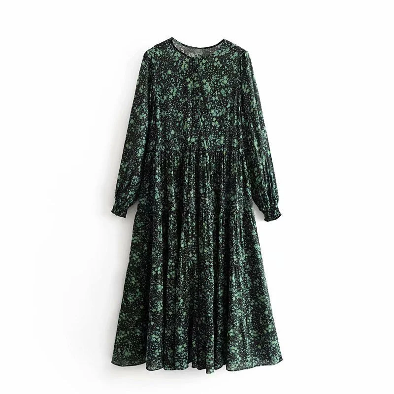 Women Elegant Floral Print Dresses Vintage Ruffled