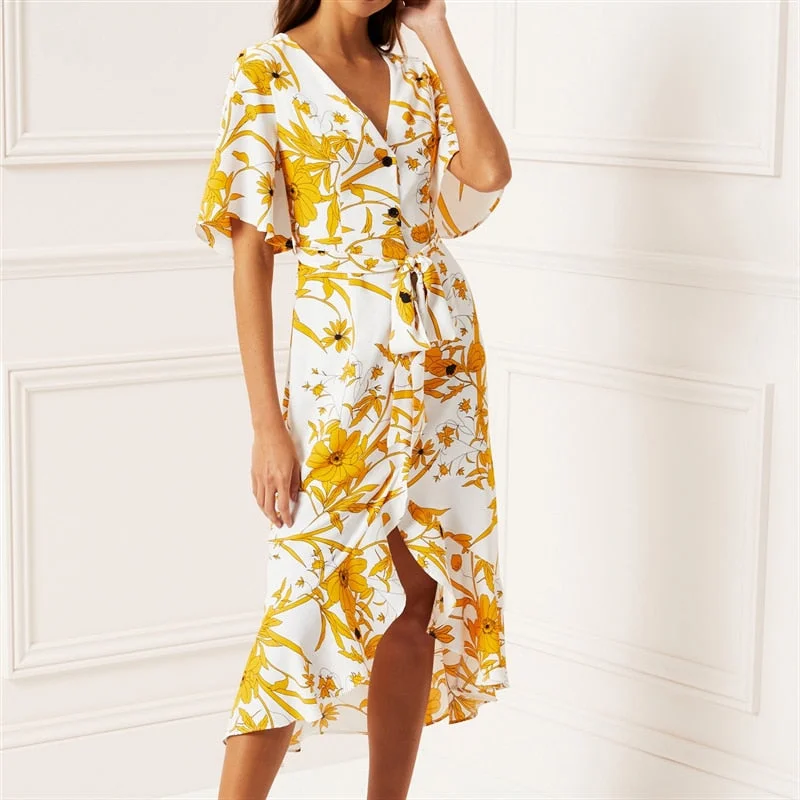 Women Floral Print Beach Dress Boho