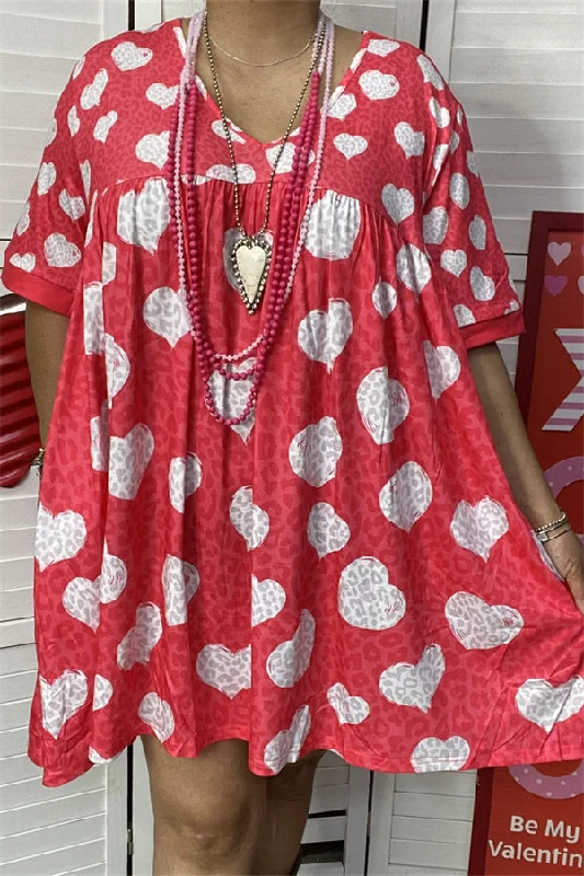 XCH14685 Light gray heart&red leopard printed short sleeve  loose women dress