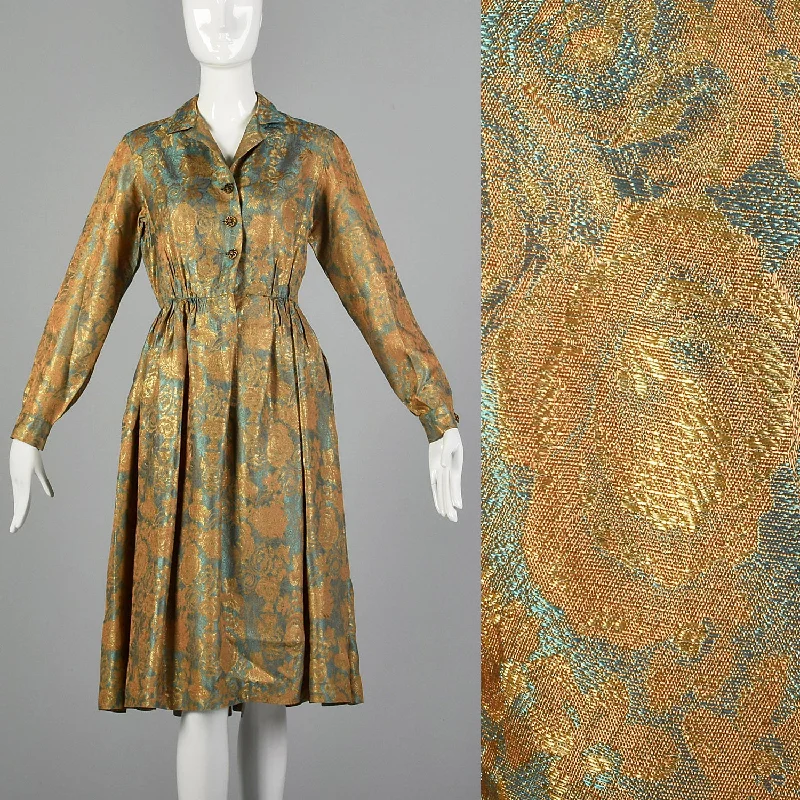 XXS Saks Fifth Avenue 1950s Green and Gold Floral Dress