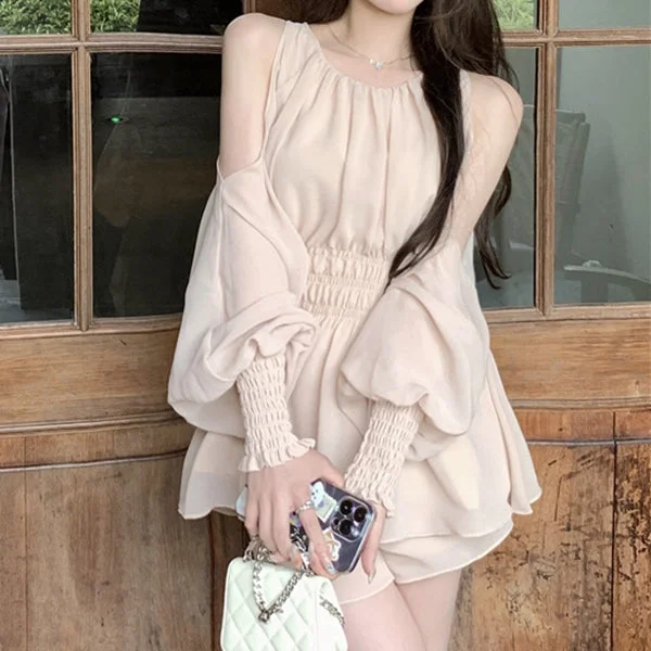 Off-Shoulder Chiffon Top Elastic Waist Shorts Set