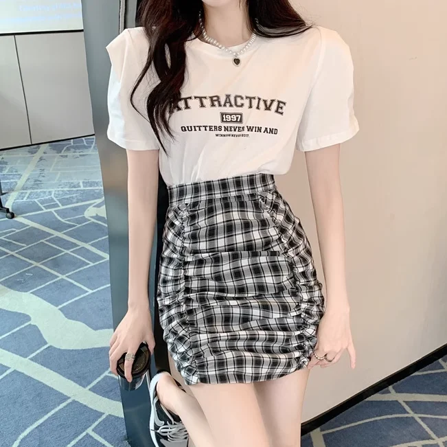 White T-Shirt + Black Plaid Skirt