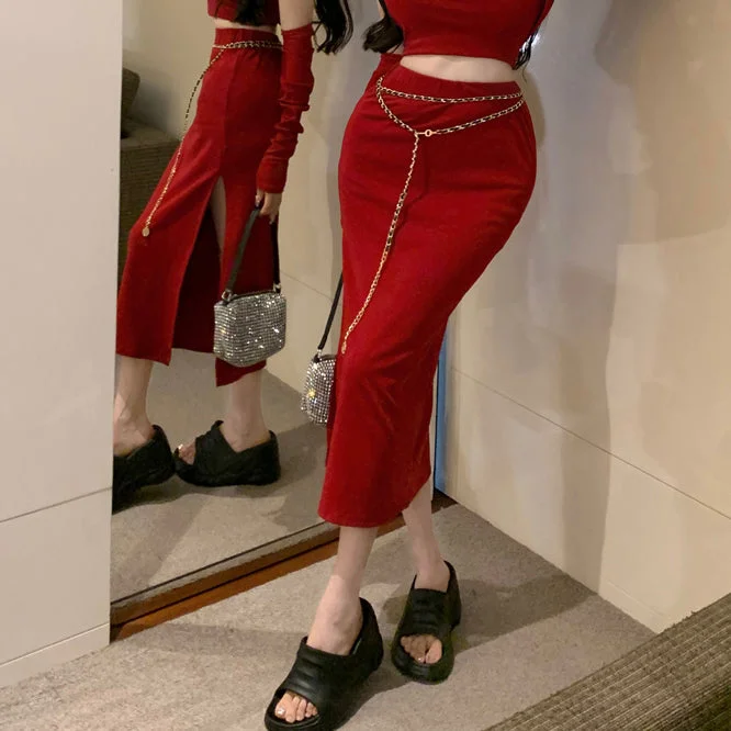 Red Camisole+Red Skirt+Waist Chain(No Cardigan)