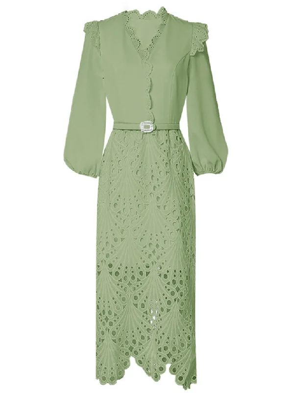 Green V Neck  3/4 Sleeve Lace 1960S Dress