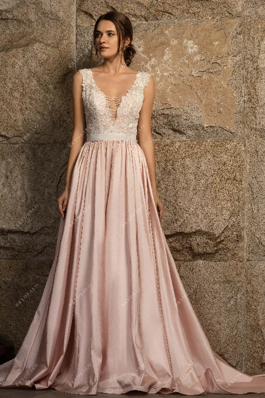 Pink Plunging Lace Taffeta A-line Wedding Dress