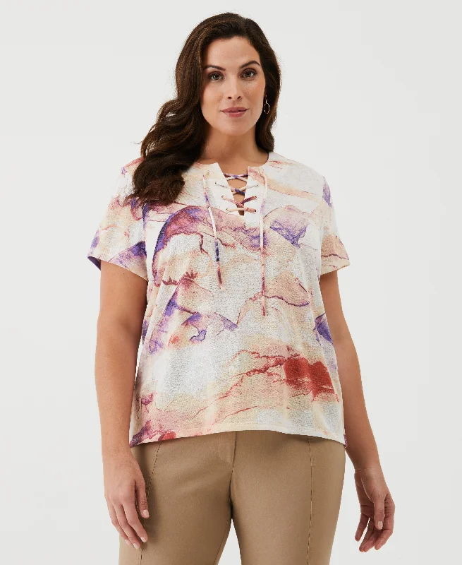 Plus Size Eco Watercolor Print Lace-Up Tee