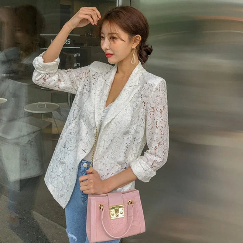 2023 Summer Korean Lace Blazer Women's Commuting Double-breasted Sexy Lace Coat Notched collar Casual OL Outwear