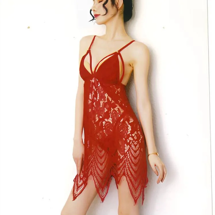 Happy Sex Chinese Style V Neck Lace Mesh Sleepwear in Red