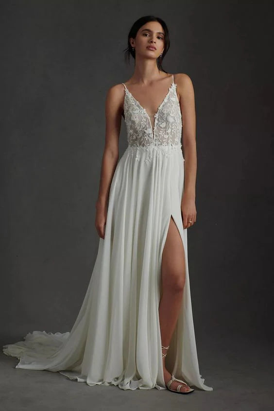 Jenny Yoo Kelsey Chiffon & Lace V-Neck A-Line Wedding Gown 65647174