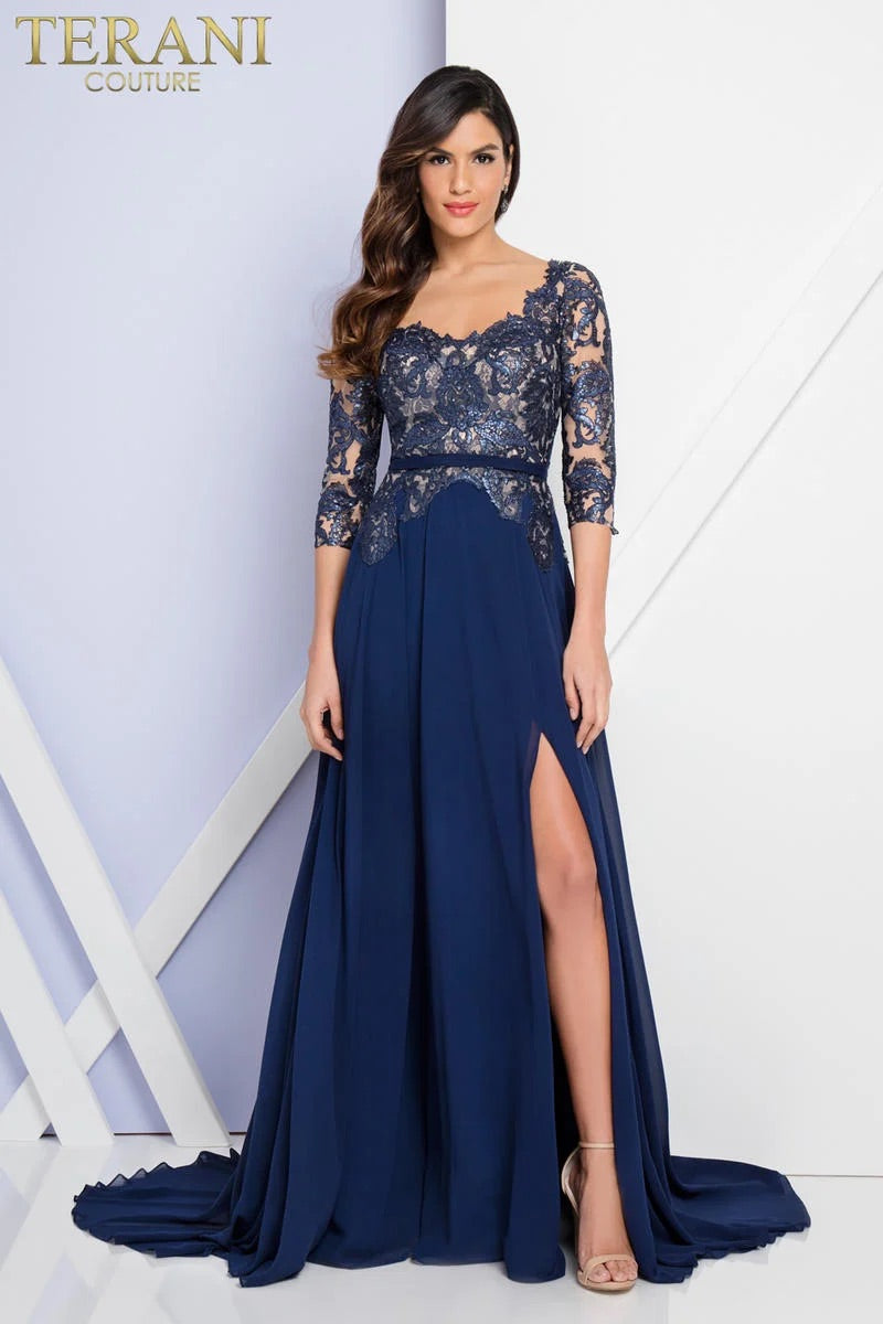 Other Terani Couture Sequin Lace Bodice Gown Navy/Nude – 1723M4393