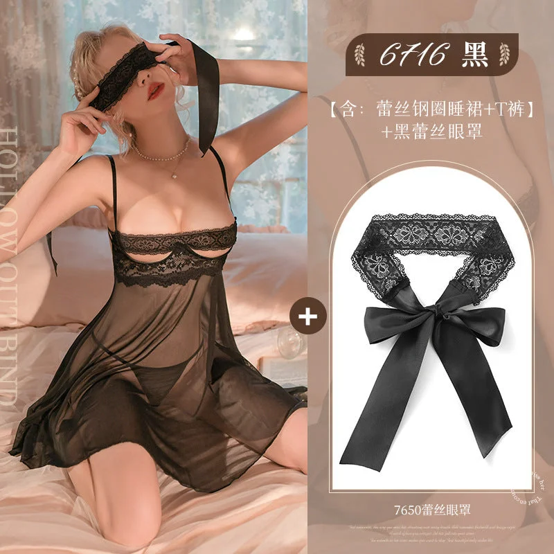 Sexy Strap Back Slit Mesh See Through Nightdress in Black with Black Lace Eye Mask