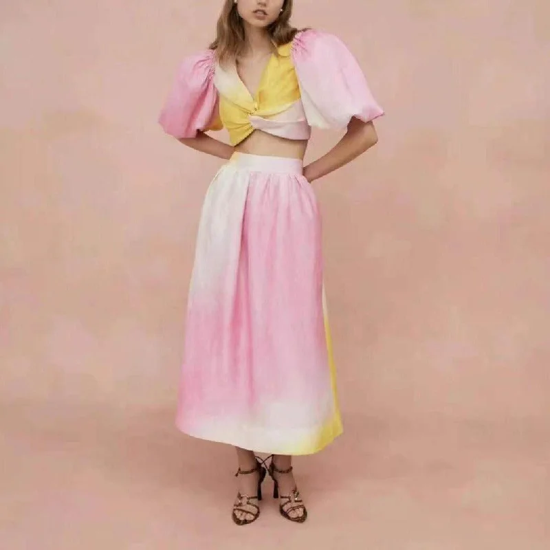 KittenAlarm - Carley Ombre Puff Sleeve Crop Top & Maxi Skirt Set