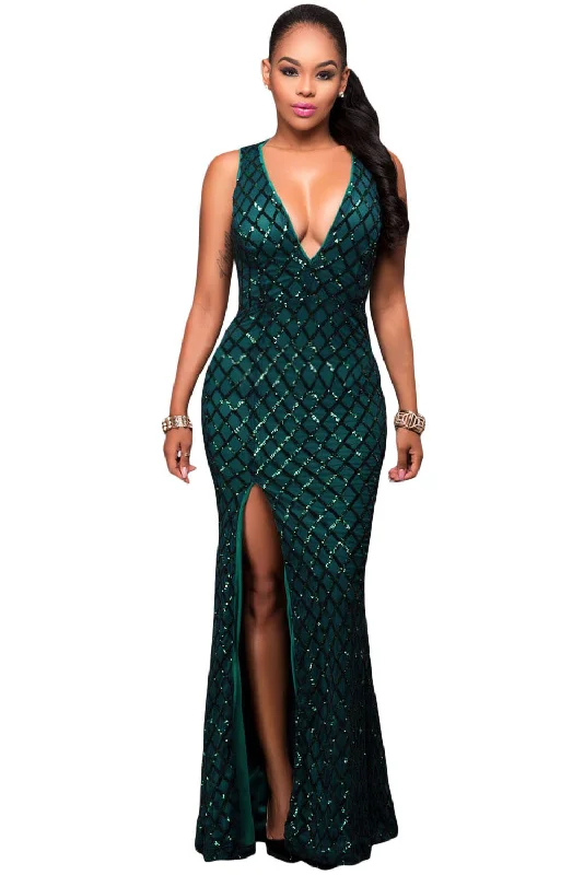 Green Gold Diamond Sequins Key-hole Back Slit Gown