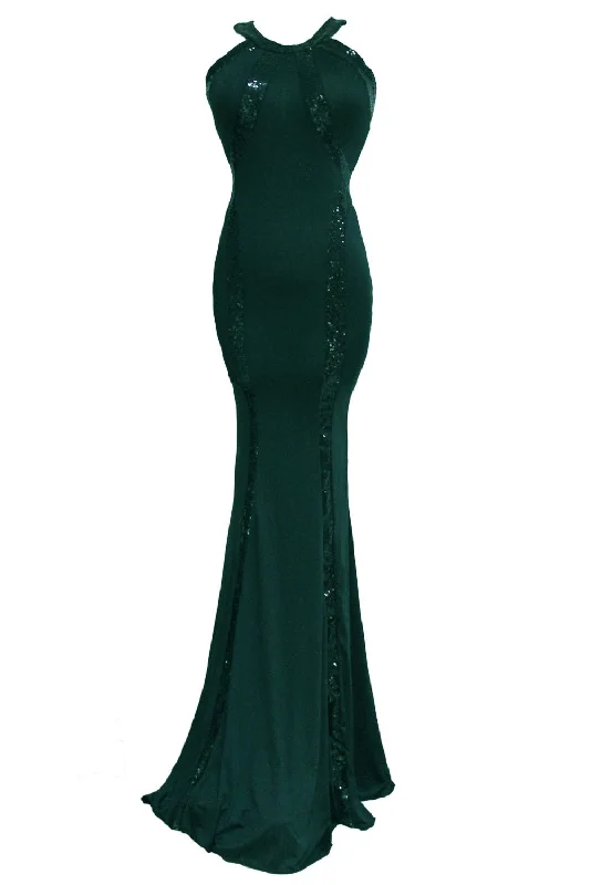 Green Sequin Trim Jersey Gown