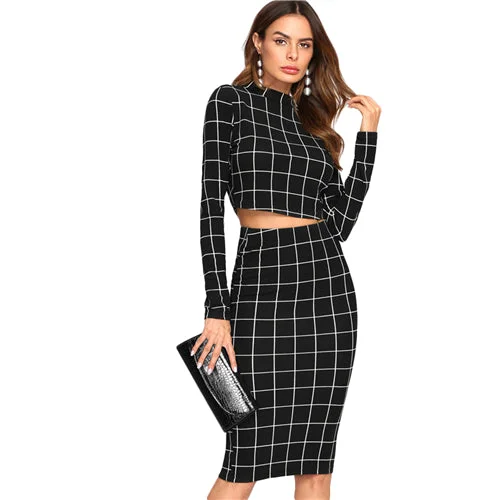 Sheinside Stand Collar Long Sleeve 2 Piece Set Women Crop Grid Top Pencil Skirt