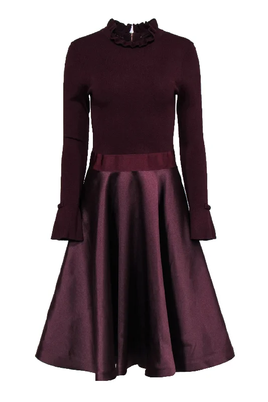 Ted Baker - Maroon Long Sleeve Circle Skirt Dress Sz 6