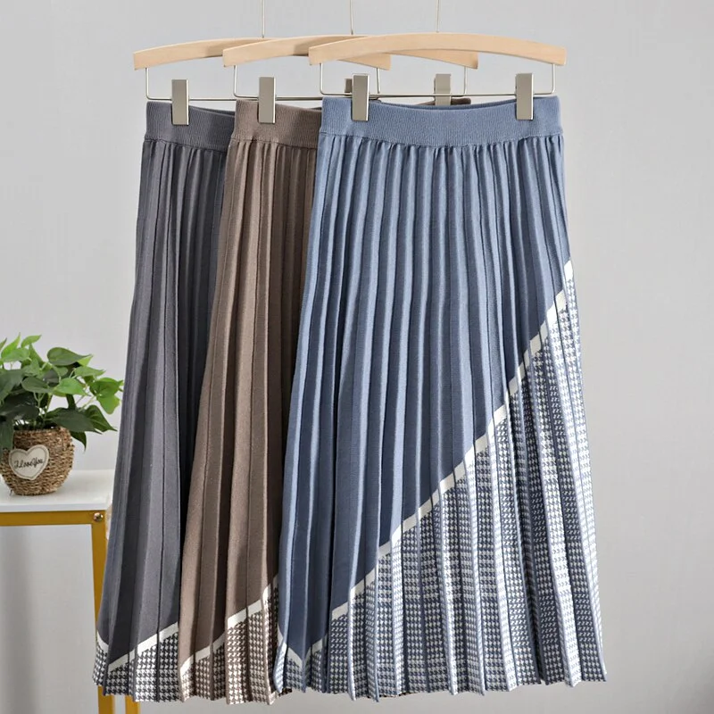 Women Geometric Long Knit Pleated Thick A-Line Skirt