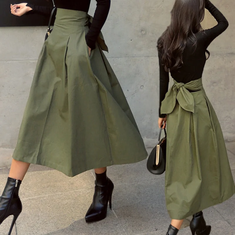 Women Korean Solid Color Big Swing Wild High Waist Bow Slim Long Skirt