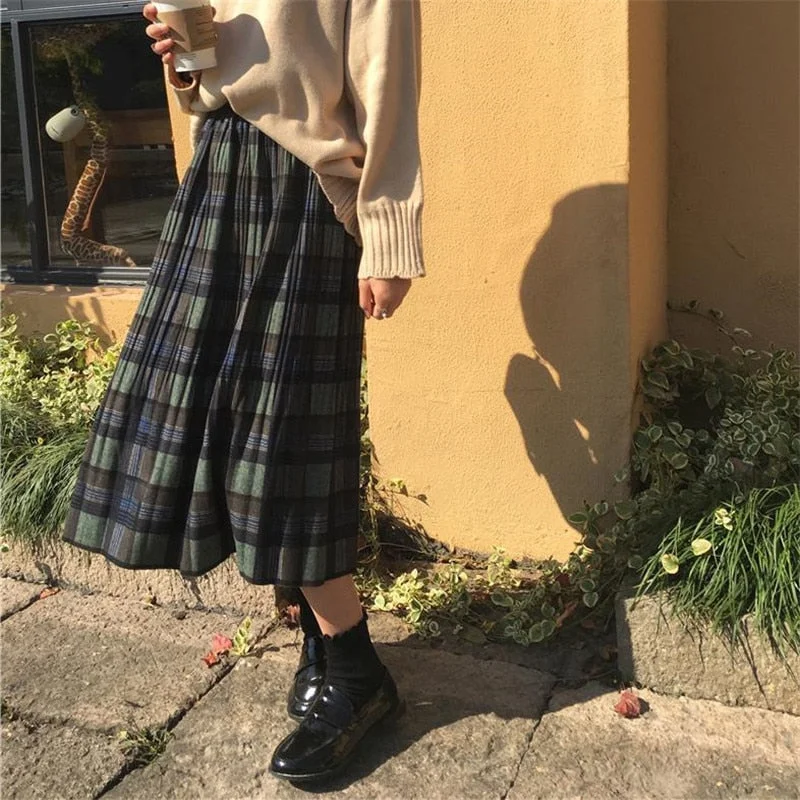 Women Vintage Wool Pleated Plaid High Waist Long Streetwear Skirt