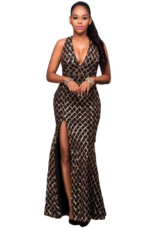 Black Gold Diamond Sequins Key-hole Back Slit Gown