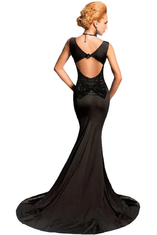 Black Sequined Backless Bow Detail Evening Mermaid Dress