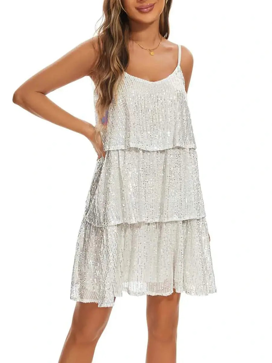 Sleeveless Backless V-Neck White Sequin Slip Dress