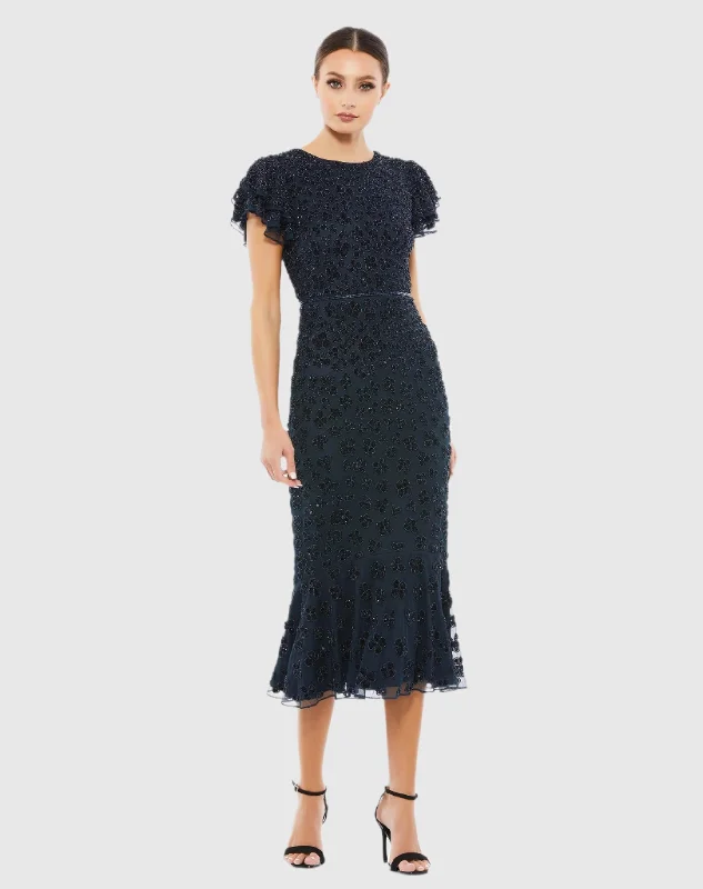 Hand Beaded Flounce Sleeve Midi Dress (Rue Gilt) - Midnight