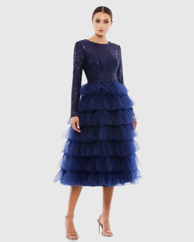 Navy Long Sleeve Ruffle Tiered Midi Dress