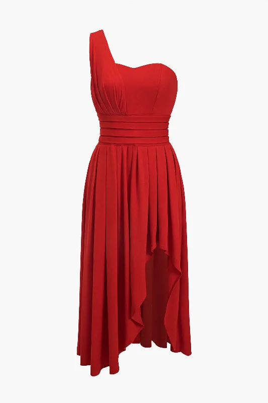 Chiffon Sleeveless One Shoulder Midi Dress