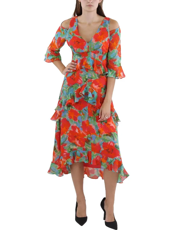 Womens Floral Print Chiffon Midi Dress