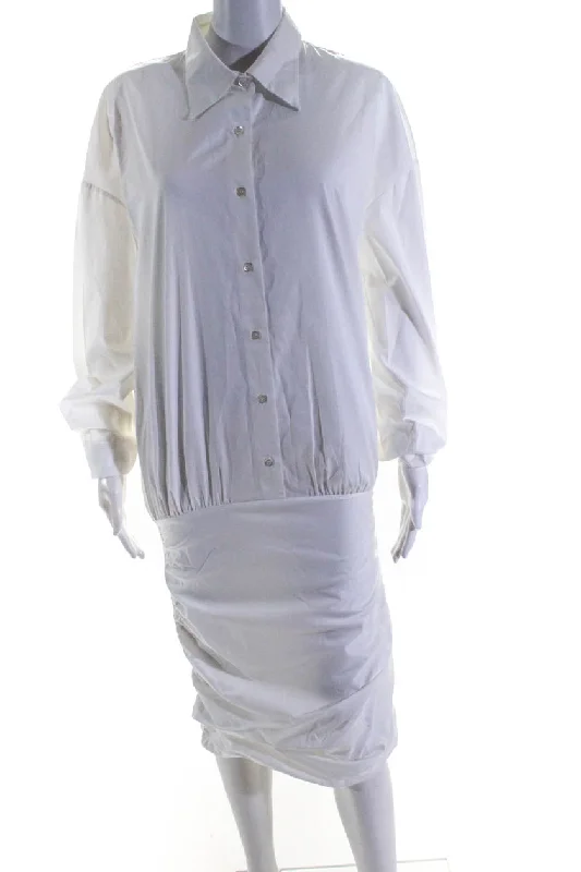 Cekette Womens Half Button Side Zip Ruched Shirt Dress White Cotton