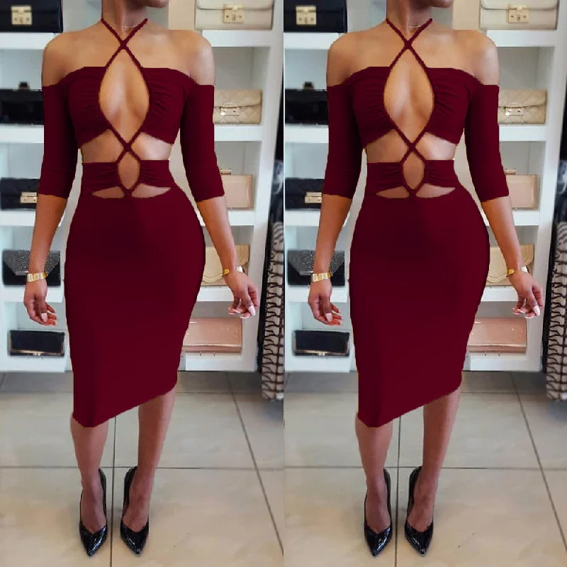 Elastic Solid Color Hollow Out Sexy Halter Bodycon Knee Length Dress